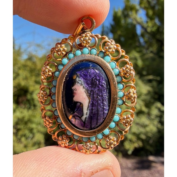 The Unbranded Brand Jewelry - Antique 20k Solid Yellow Gold Filigree Enamel Cameo Turqiouse Pendant Portugal